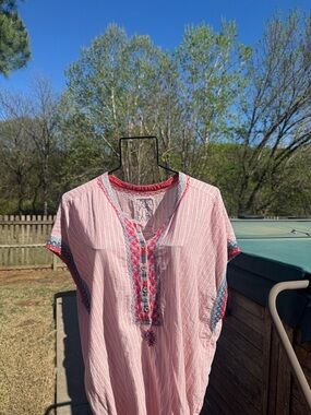 Johnny Was Striped Gauze Cotton Blend Embroidered Flowy Dress sz L